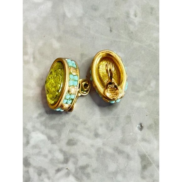 Vintage JJG Jonette Yellow Art Glass Blue Beaded Goldplate Clip On Earrings - Picture 6 of 6